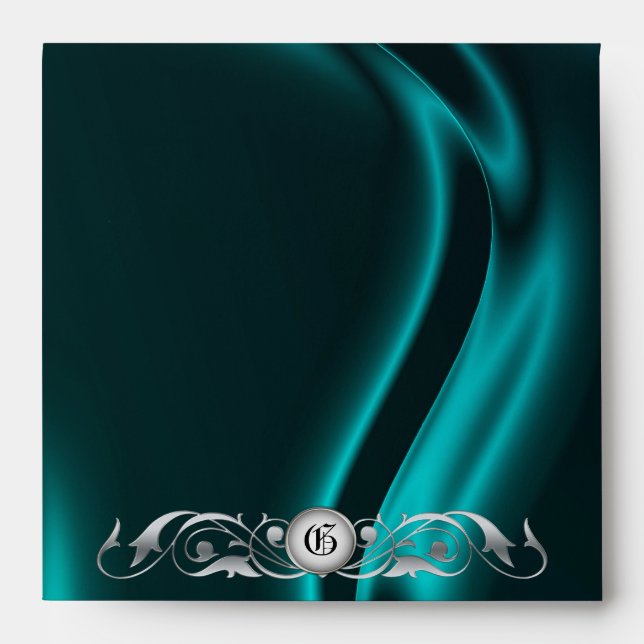 Marquis Teal Silk Silver Scroll Monogram Envelope (Front)