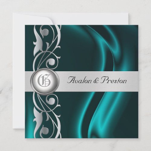 Marquis Teal Silk Silver Scroll Pearl Invitation