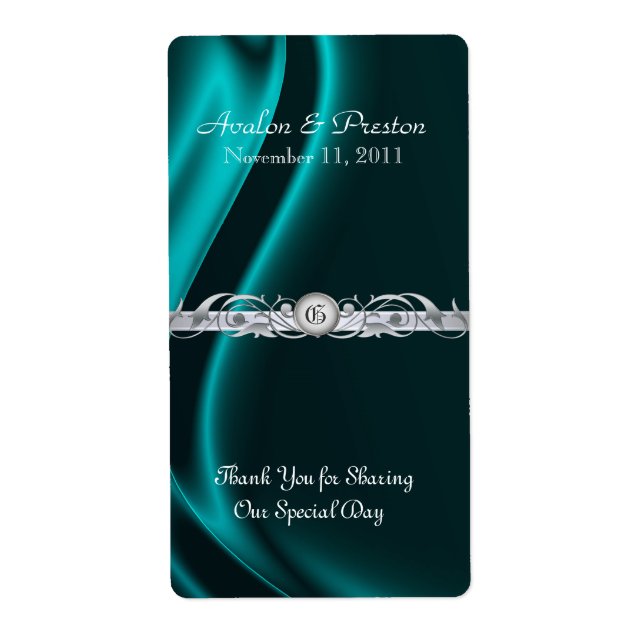 Marquis Teal Silk Silver Scroll Wine Wedding Label (Front)