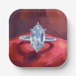 Marquise Diamond Engagement Ring Red Watercolor Paper Plates