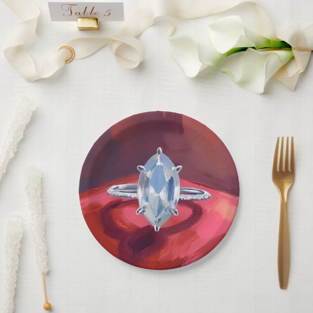 Marquise Diamond Engagement Ring Red Watercolor Paper Plates (Wedding)