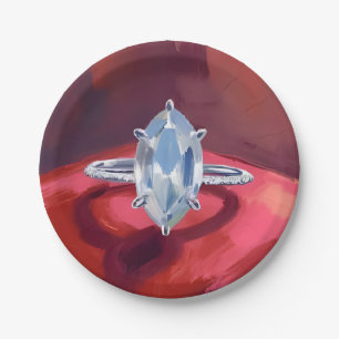 Marquise Diamond Engagement Ring Red Watercolor Paper Plates