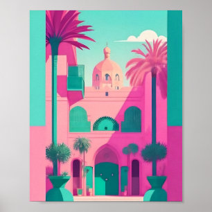 Marrakech Morocco Flat Vector Art Turquoise Poster