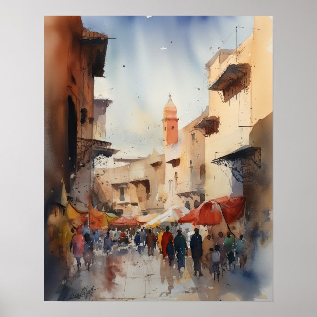 Marrakech Morocco Watercolor Art Print Poster (Front)