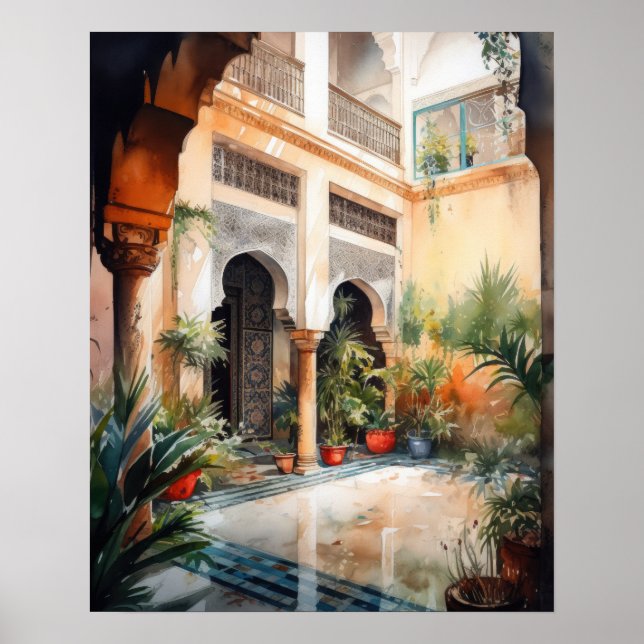Marrakech Riad Morocco Watercolor Art Print Poster (Front)