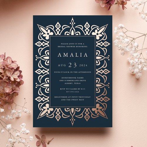 Marrakesh  Elegant Bridal Shower Navy  Rose Gold Foil Invitation