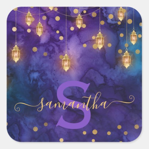 Marrakesh Midnight Lanterns  Gold Bokeh Monogram Square Sticker