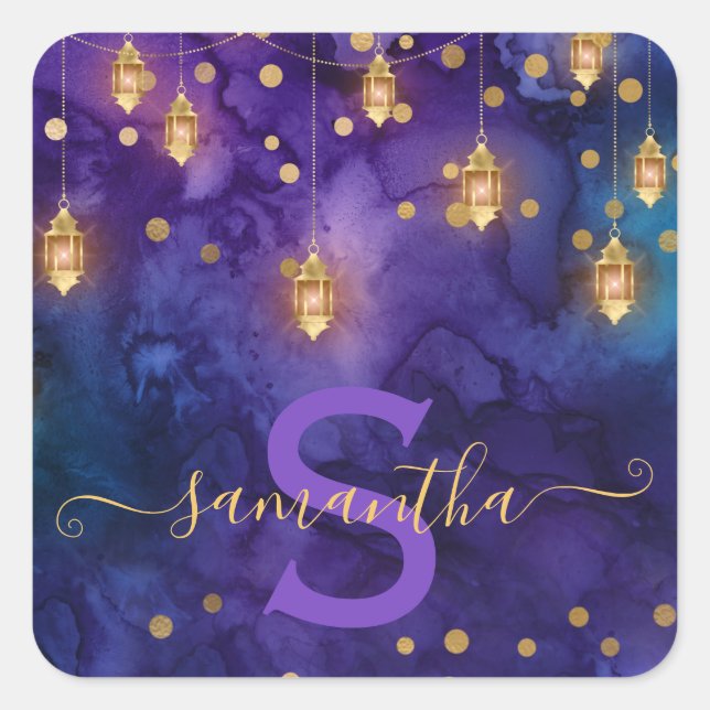 Marrakesh Midnight Lanterns & Gold Bokeh Monogram Square Sticker (Front)