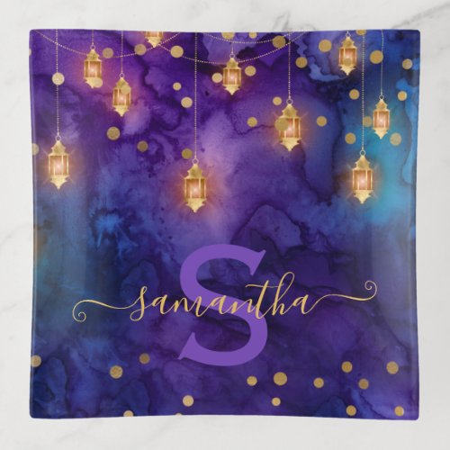 Marrakesh Midnight Lanterns  Gold Bokeh Monogram Trinket Tray