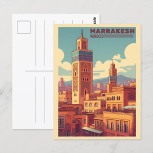 Marrakesh old city building with mosque postcard