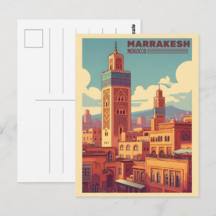 Marrakesh old city building with mosque postcard