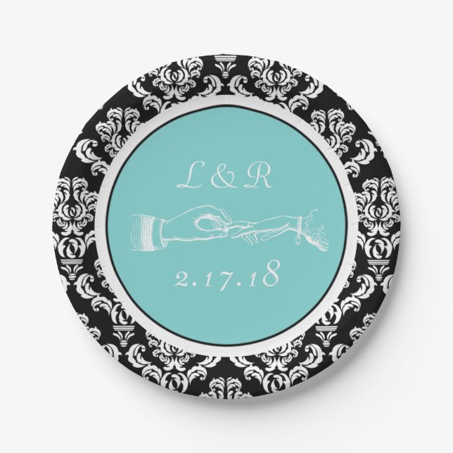 Marriage Black Damask Aqua Paper Plate (Front)