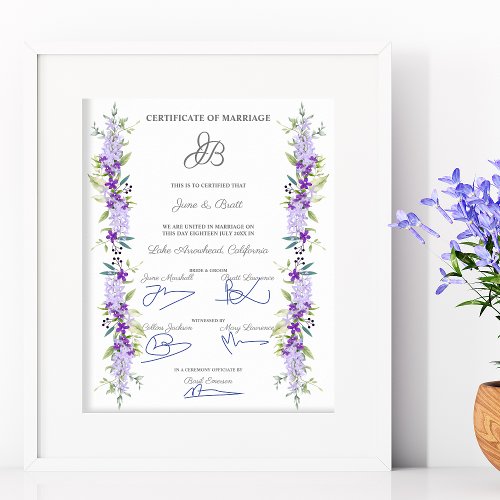 Marriage Certificate Design with Flowers  Leaves Poster
