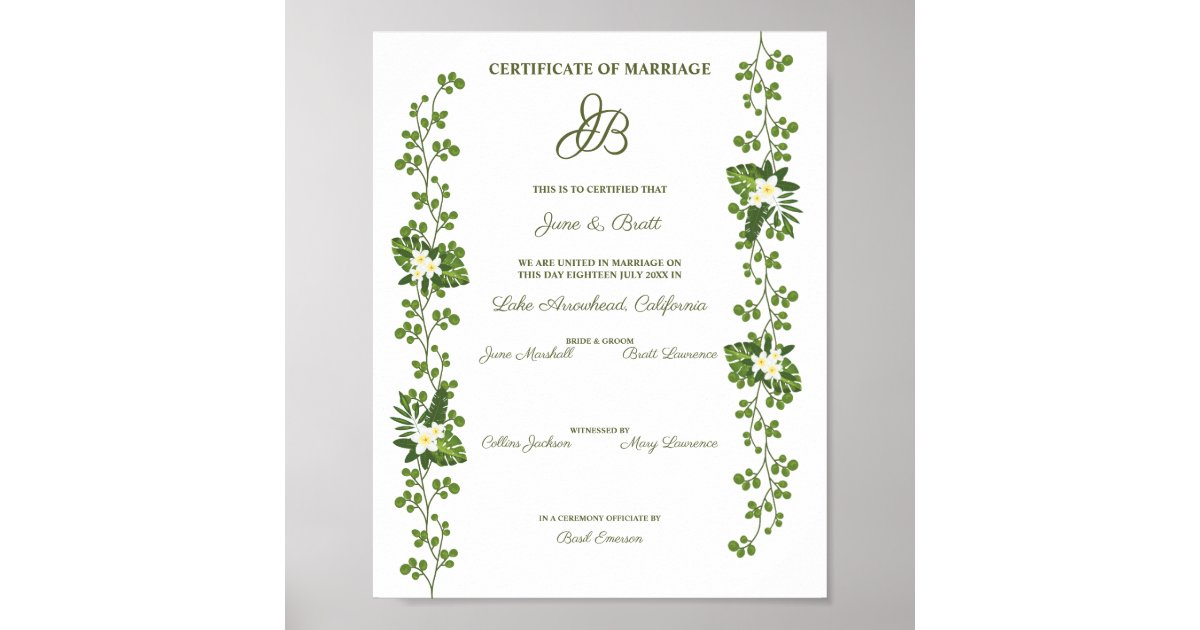 Marriage Certificate Design With Tropical Leaves Poster Zazzle Com