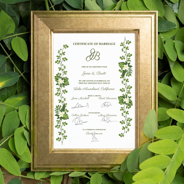 Marriage Certificate Design with Tropical Leaves Poster (Creator Uploaded)