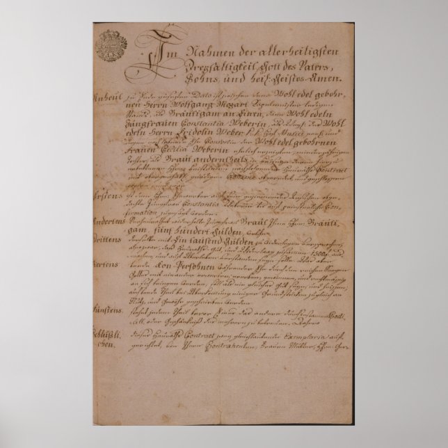 Marriage certificate of Wolfgang,Mozart and Weber Poster (Front)