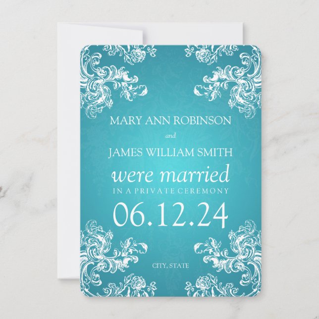Marriage Elopement Vintage Swirls 2 Turquoise Announcement (Front)