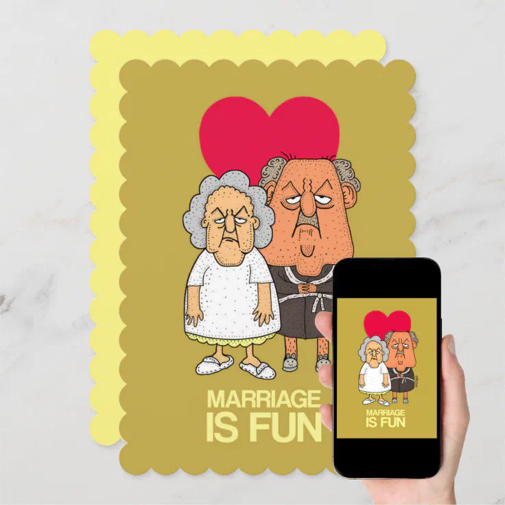 Marriage is fun - grumpy old couple cartoon brown card | Zazzle