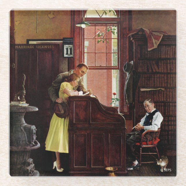 Marriage License by Norman Rockwell Glass Coaster (Front)