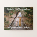 Marriage Proposal Marry Me Photo White Script Easy Jigsaw Puzzle<br><div class="desc">Make your marriage proposal romantic and memorable with a unique "Will You Marry Me" custom photo jigsaw puzzle. Picture and all wording are simple to personalize. (IMAGE PLACEMENT TIP: An easy way to center a photo exactly how you want is to crop it before uploading to the Zazzle website.) Design...</div>