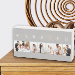 MARRIED 7 Picture Photo Collage Grey and White Wooden Box Sign<br><div class="desc">Modern wooden box sign, personalized with your wedding photos. A stylish design in neutral color palette of grey and white - perfect for newlyweds and anniversary gifts. The photo template is set up for you to add 7 of your favorite pictures which are displayed in portrait format in a simple...</div>