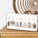MARRIED 7 Picture Photo Collage Off White and Blue Wooden Box Sign<br><div class="desc">Modern wooden box sign, personalized with your wedding photos. A stylish design in neutral color palette in off white and dark blue - perfect for newlyweds and anniversary gifts. The photo template is set up for you to add 7 of your favorite pictures which are displayed in portrait format in...</div>