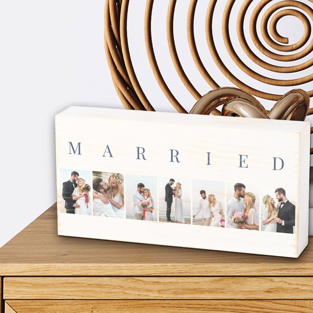 MARRIED 7 Picture Photo Collage Off White and Blue Wooden Box Sign (Creator Uploaded)