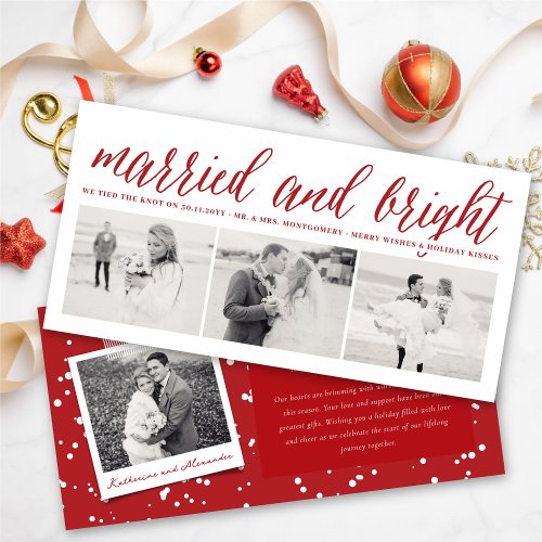 Married And Bright 3 Photo Collage Modern Wedding Holiday Card