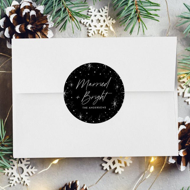 Married and Bright Black Holiday Classic Round Sticker (Creator Uploaded)