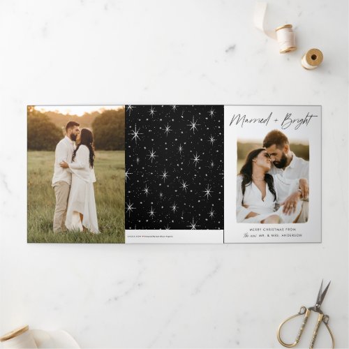 Married and Bright Black Script 4 Photo Tri_Fold Holiday Card