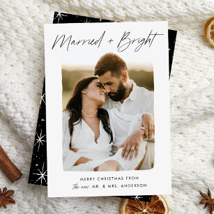 Married and Bright Black Script Photo Holiday Card