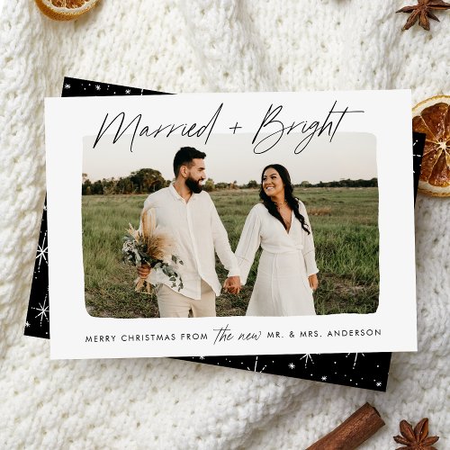 Married and Bright Black Script Photo Holiday Card