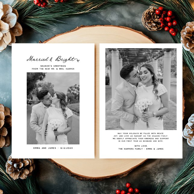Married and Bright Bow Photo Christmas Newlyweds Holiday Card (Creator Uploaded)