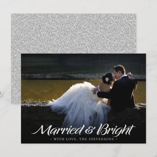 Married and Bright Christmas | Modern Silver Photo Holiday Card (Front/Back)