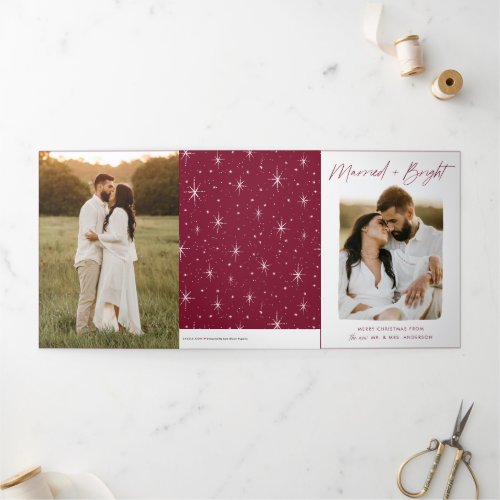 Married and Bright Cranberry Script 4 Photo Tri_Fold Holiday Card