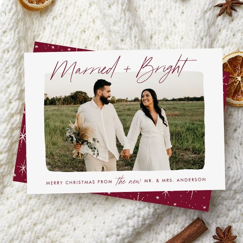 Married and Bright Cranberry Script Photo Holiday Card