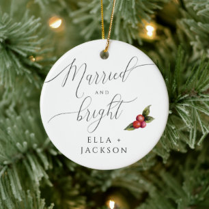 Married and Bright First Christmas Photo Ceramic Ornament