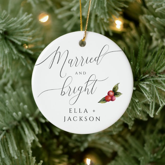 Married and Bright First Christmas Photo Ceramic Ornament (Tree)