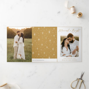 Married and Bright Gold Script 4 Photo Tri-Fold Holiday Card