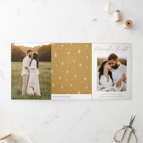 Married and Bright Gold Script 4 Photo Tri_Fold Holiday Card