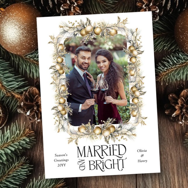 Married and Bright Golden Ornaments Wedding Photo Holiday Card (Married & Bright Christmas Photo Card by Darling & May)