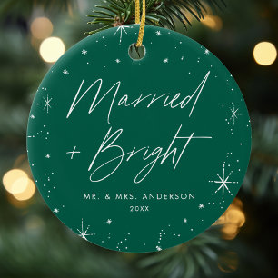 Married and Bright Green Holiday Photo Ceramic Ornament