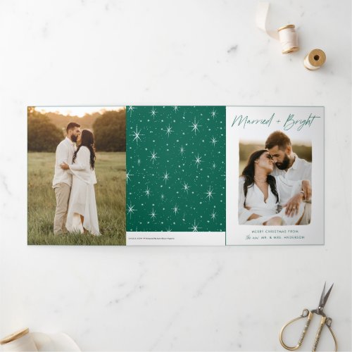 Married and Bright Green Script 4 Photo Tri_Fold Holiday Card