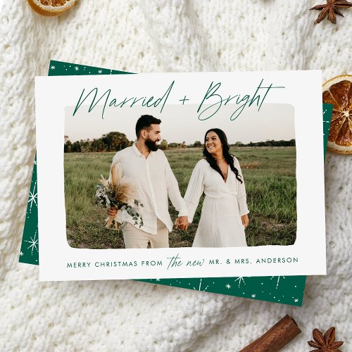 Married and Bright Green Script Photo Holiday Card