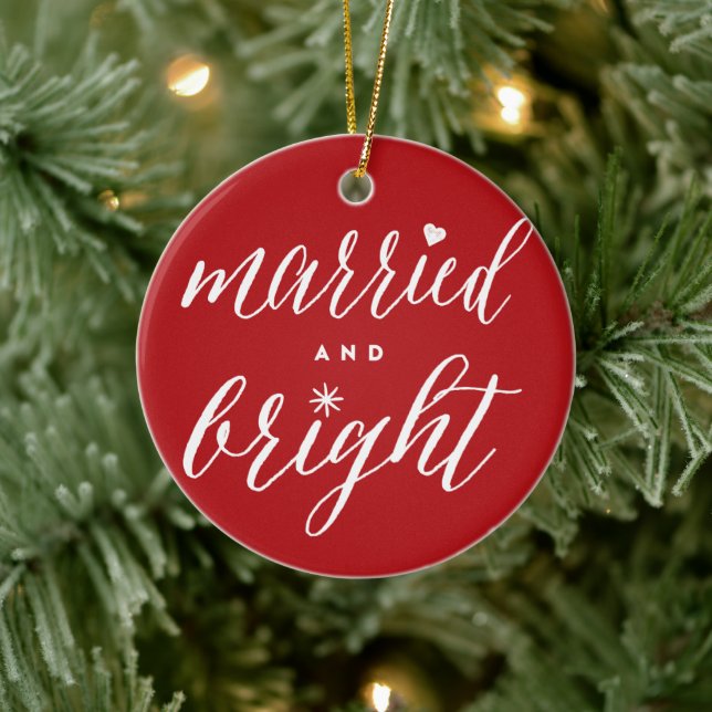 Married And Bright Holiday Wedding Photo Christmas Ceramic Ornament (Tree)