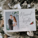 Married and Bright Mistletoe Photo Holiday Card<br><div class="desc">Elegant and stylish holiday vertical 2-photo card for the newlyweds celebrating their first Christmas together as husband and wife featuring a hand lettered script that says "Married and Bright." There is a watercolor illustration of a mistletoe.</div>