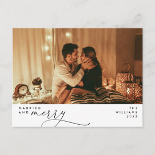 Married and Bright Modern Script Photo Holiday Postcard