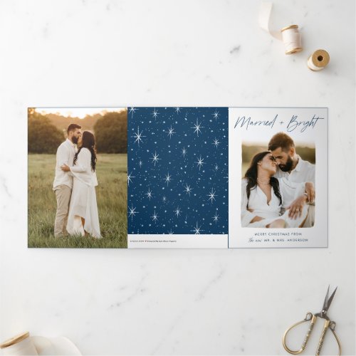 Married and Bright Navy Script 4 Photo Tri_Fold Holiday Card
