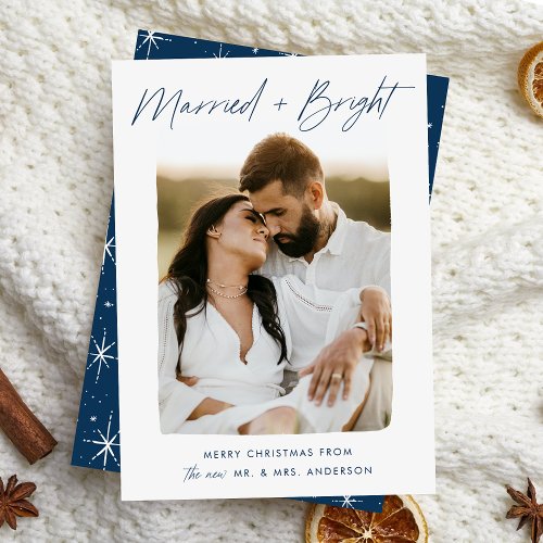 Married and Bright Navy Script Photo Holiday Card