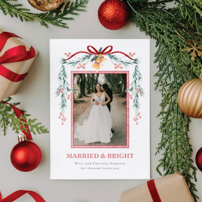 Married and Bright Newlywed Christmas Photo Card (A romantic holiday photo card for celebrating your first newlywed Christmas)